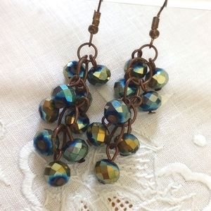 Vintage Carnival faceted Glass peacock grape cluster dangle Earrings